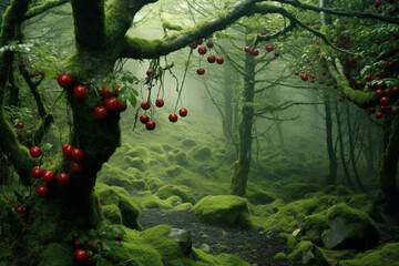 Tree bearing cherries amidst dense woodland. Generative AI - obrazy, fototapety, plakaty
