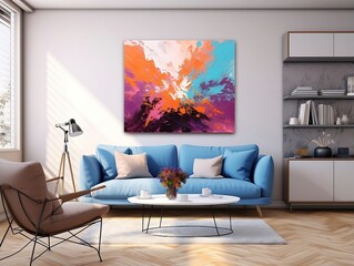Painting canvas hung over a couch and table in a modern living room generative ai
