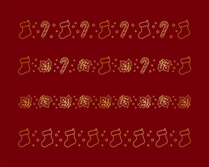 Christmas themed decorative border and text divider set, Christmas Stocking, Candy Cane and Mistletoe Pattern Doodle. Vector Illustration.