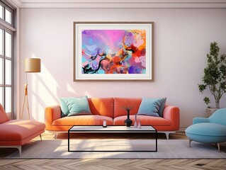 Painting canvas hung over a couch and table in a modern living room generative ai