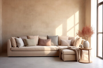 Minimalist home interior design of modern living room. Corner sofa with terra cotta pillows against grid window near beige venetian stucco wall