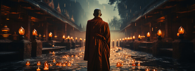 Asiatischer Mönch meditiert für innere Ruhe - obrazy, fototapety, plakaty