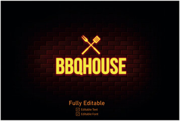 Vector neon effect  BBQ logo for neon text effect and neon light night party editable text effect and night club