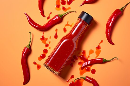 Tabasco hot pepper sauce with red chili pepper, flat lay.