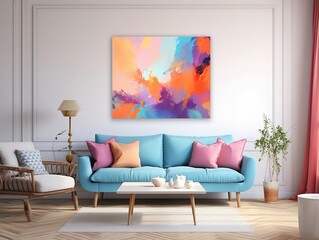 Painting canvas hung over a couch and table in a modern living room generative ai