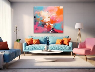 Painting canvas hung over a couch and table in a modern living room generative ai