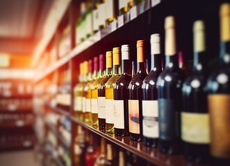 Abstract blur wine bottles on liquor alcohol shelves in supermarket store background. - obrazy, fototapety, plakaty
