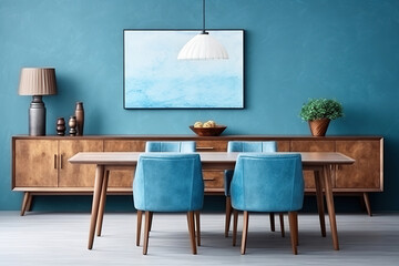 Interior design of modern dining room or living room, marble table and chairs. Wooden sideboard over blue wall