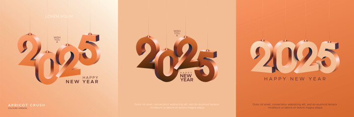 Happy new year 2025 square template with 3D hanging number in apricot crush colours. Greeting concept for 2025 new year celebration