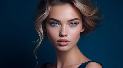 Fototapeta premium Portrait of a beautiful, elegant, sexy Caucasian woman with perfect skin, on a dark blue background, banner.