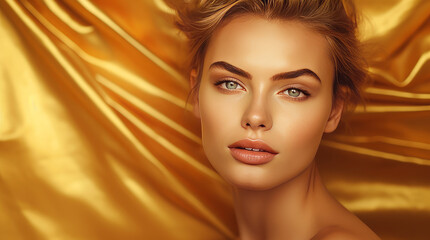 Portrait of a beautiful, elegant, sexy Caucasian woman with perfect skin, on a golden background, banner.