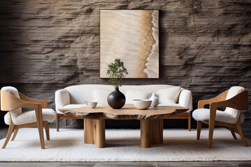 white armchairs near natural wood live edge coffee table against wall with stone paneling decor. Minimalist home interior design of modern living room