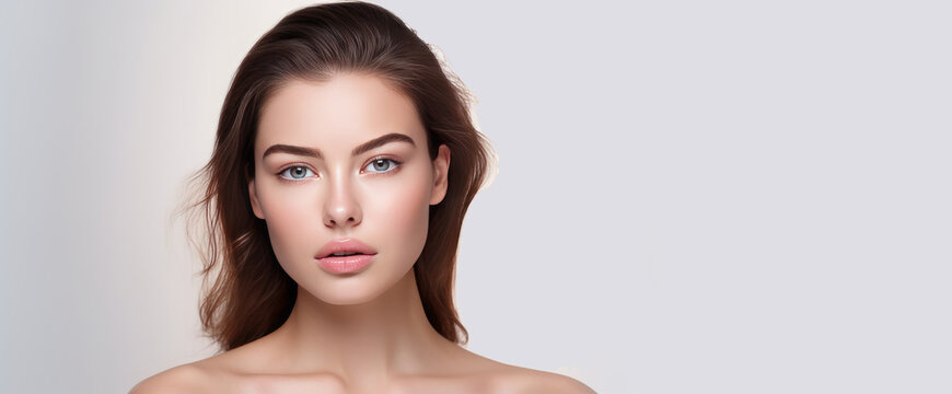 Portrait of a beautiful, elegant, sexy Caucasian woman with perfect skin, on a white background, banner.