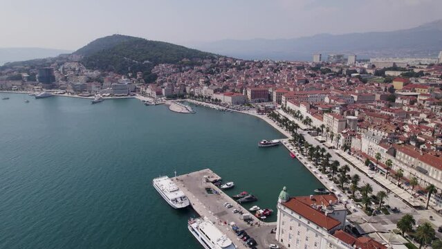 Panoramic aerial view over Split Riva promenade on Dalmatia coastline, Croatia