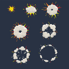 Cartoon Explosion, Cartoon dynamite or bomb explosion, fire set. Boom clouds and smoke elements for ui game design. Dangerous explosive detonation, atomic comics detonators for mobile animation, isola