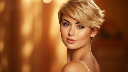 Portrait of a beautiful, sexy Caucasian woman with perfect skin and white short hair, on a golden background.