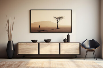 decorative vases on wooden cabinet near beige wall with art poster. Minimalist home interior design of modern living room