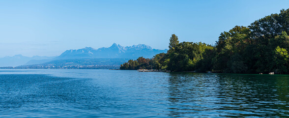 Alpine landscape in Yvoire, on the shores of Lake Geneva, in Haute Savoie, France - 664772461