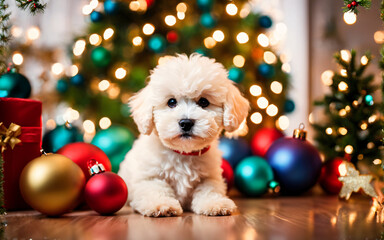 Bichon frise puppy by Christmas tree, ornaments, interior holiday scene
