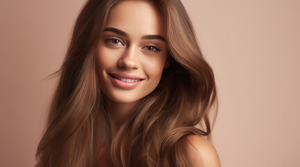 Naklejka premium Portrait of a beautiful, sexy happy smiling woman with perfect skin and long hair, on a creamy beige background, banner.