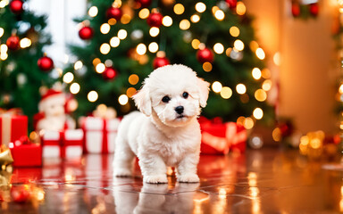 Bichon frise puppy by Christmas tree, standing, interior holiday scene
