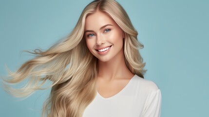 Portrait of a beautiful, sexy Caucasian woman with perfect skin and white long hair, on a light blue background.
