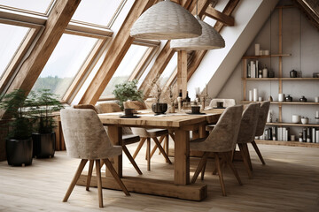 Dining table and chairs in attic with wood beams. Scandinavian interior design of modern dining room.