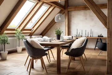 Dining table and chairs in attic with wood beams. Scandinavian interior design of modern dining room.
