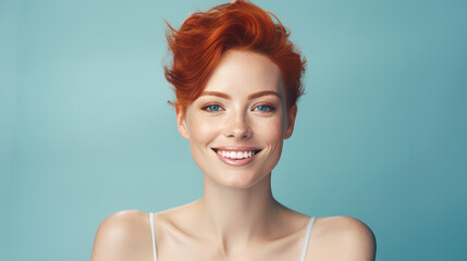 Portrait of an elegant, sexy smiling woman with perfect skin and short red hair, on a light blue background, banner.