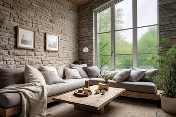 Corner sofa against window in room with stone cladding walls. Farmhouse style interior design of modern living room.