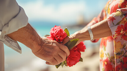 AN happy elder couple holding hands showing love and spending time togeather 