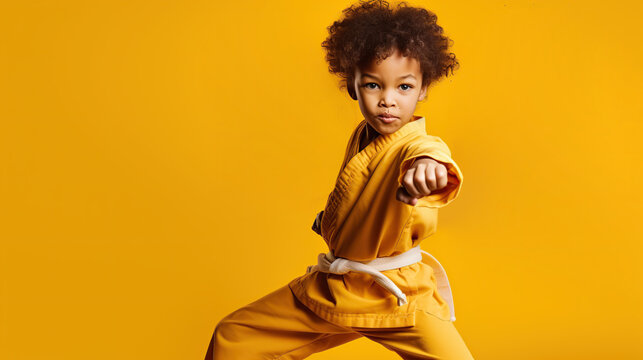 child in kimono isolated on yellow background 