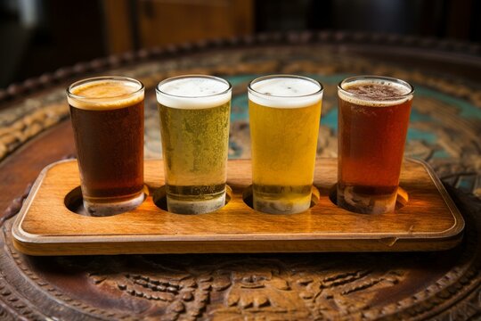 Four beer sampler on a vintage metal tray. Generative AI
