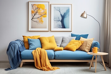 Blue sofa with yellow pillows and blanket against beige wall with frame poster. Scandinavian home interior design of modern living room