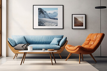 Blue sofa and terra cotta lounge chair against wall with two art posters Minimalist home interior design of modern living room.