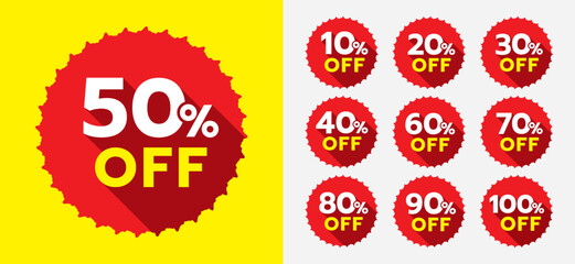 Discount sale off the tag with 10, 20, 30, 40, 50, 60, 70, 80, 90, 100 percent. Promotion red banner with discount offer, clearance, emblem. Special offer tag sticker design element. 