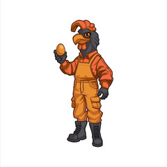 Anthropomorphic Charming Rooster dress like a Farmer and holding an egg Cartoon Illustration