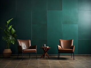 Dark green tiled walls room with two chairs and a plant generative ai