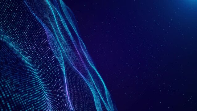 Abstract futuristic particles wave lines Flow of particles stage background, Data visualization, cyberspace Big data technology bokeh lights. Cyberspace. Science, 5G cyber security stream tunnel