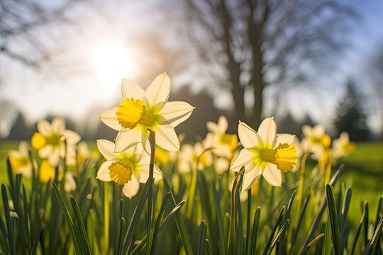 Daffodils in spring backlit by sun.