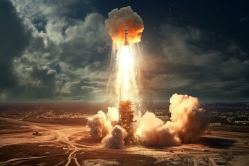 A massive cargo rocket blasts off. Generative AI - obrazy, fototapety, plakaty