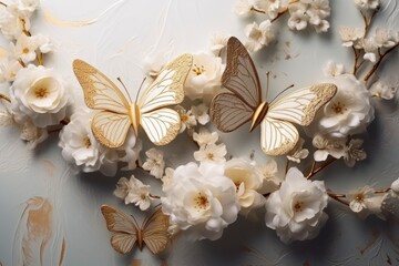 Obraz na płótnie Canvas Goden butterflies with white flowers.