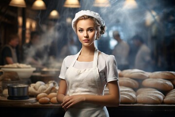 Fototapeta na wymiar Portrait photography of a baker woman in her bakery with bread in the backdrop