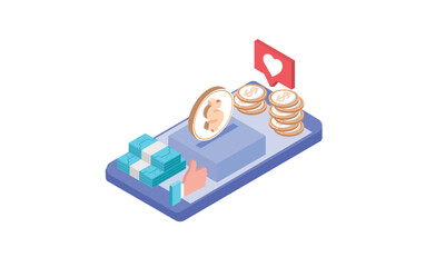 Mobile coins screen, color web icon, new flat style.on blue background.3D design.isometric vector design Illustration.
