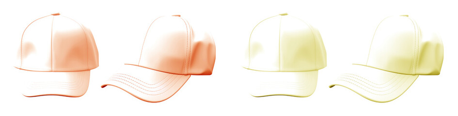2 Set of pastel light orange yellow front and side view hat baseball cap on transparent background cutout, PNG file. Mockup template for artwork graphic design	
