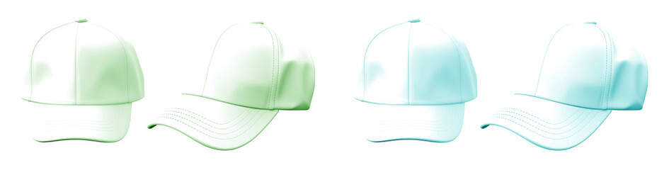 2 Set of pastel light green turquoise blue front and side view hat baseball cap on transparent...