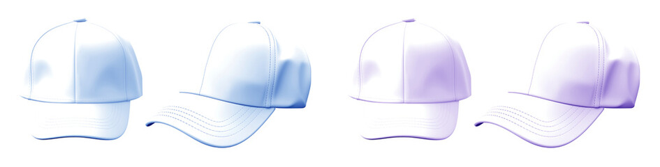 2 Set of pastel light purple violet blue front and side view hat baseball cap on transparent...