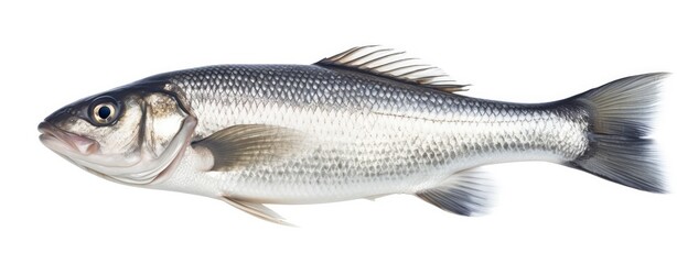One fresh sea bass fish isolated on white background. - obrazy, fototapety, plakaty
