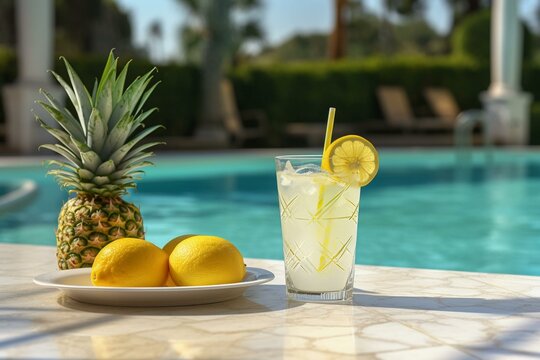 Refreshing drink with lemon and straw on a marble table with a plate of pineapple beside a pool in daylight. Generative AI