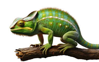 Obraz premium Stunning Green Chameleon Standing on the Branch on a Clear Surface or PNG Transparent Background.